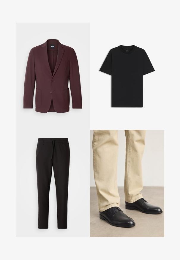 Burgunderfarbener Blazer mit Reverskragen, zwei Vorderaschen und Knopfverschluss; aus glattem Stoff für eine figurschmeichelnde Passform.; Schwarz T-Shirt mit kurzen Ärmeln aus einem glatten Baumwollmix, mit Rundhalsausschnitt und einem minimalistischen Design ohne Muster oder Akzente.; Schwarze Jogginghose aus glattem Stoff. Mit einem elastischen Bund und Kordelzug, schmal zulaufenden Beinen und ohne sichtbare Taschen. Einfaches Design.; Schwarze Leder Schnürschuhe mit runder Zehenform, glatter Oberfläche und dezenten Nähdetails, getragen mit hellbeigen Hosen.