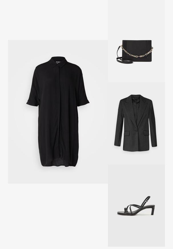 Mustassa pinstripe-takissa on lovellinen kaulus, yksinkertainen napitus, kaksi etutaskua ja sileä vuori. Rakenne on hyvin istuva ja muotoilu on vartalonmyötäinen.; Musta, lyhythihainen pitkäpaitamekko, joka on valmistettu kevyestä kankaasta. Siinä on kaulus, napitettava etuosa ja löysä, pidennetty siluetti.; Mustat hihnalligat, joissa on neliön muotoinen kärki ja matala lohkokorko. Ominaisuuksiin kuuluu useita ohuita hihnoja ja säädettävä nilkkahihna. Valmistettu sileästä nahasta.; Musta nahkainen olkalaukku, jossa on sileä pinta, suorakulmainen muoto ja metalliketju yksityiskohtana edessä. Mukana säädettävä hihna.