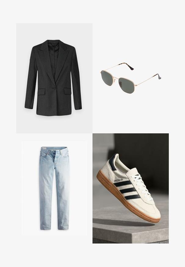 Sacou negru cu dungi fine, cu guler încovoiat, închidere cu un singur nasture, două buzunare frontale și căptușeală netedă. Croială structurată, design adaptat.; Pulover gri cu un guler rotund, mâneci lungi și manșete cu textură ribbată. Materialul pare moale, cu o textură ușoară și o croială ușor largă.; Jeans din denim de culoare albastru deschis, cu croială dreaptă, două buzunare frontale și două buzunare spate. Include un sistem de închidere cu două butoane și coasere subtile.; Sneakers albe din suede cu dungi bleumarin, talpă din cauciuc, suprafață texturată, bot rotund și șireturi; prezintă brand pe lateral și pe limbă.; Ochelari de soare cu ramă din metal auriu și lentile de culoare verde închis, stil aviator, cu brațe subțiri și accente din fâscă pe vârfuri.; Geantă de umăr din suede maroniu, cu o formă curbată, cusături contrastante, accente de hardware aurii și o buzunar frontal cu fermoar.