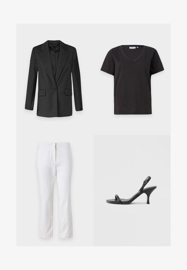 Černý blazer s proužkem a klopovým límcem, zapínání na jeden knoflík, dvě přední kapsy a hladká podšívka. Strukturovaný střih, upravený design.; Černé bavlněné tričko s výstřihem do V a krátkým rukávem. Jednoduchý design s klasickým střihem bez vzorů nebo akcentů.; Bílé bavlněné kalhoty s rovnou nohavicou, s středně vysokým pasem a bez viditelných kovových prvků nebo vzorů. Hladká textura po celém povrchu.; Černé kožené sandály na vysokém podpatku s úzkým, zakřiveným podpatkem a designem s překříženými popruhy. Nastavitelný pásek kolem kotníku. Hladký povrch.
