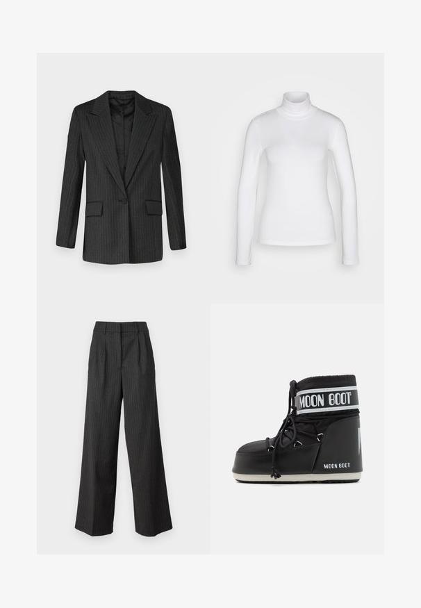 Must mustriba blazer, mille jakk, üksik nupp kinni, kaks eesmist taskut ja sile vooder. Struktureeritud lõige, kohandatud disain.; Valge pikad varrukad kõrge kaelusega särk, valmistatud sujuvast ja venivast kangast. Omab tihedat istuvust ja kõrget kraed. Ei ole nähtavaid mustreid ega aktsente.; Tumehallid kõrge vöökohaga ja laiad püksid, millel on peened vertikaalsed triibud. Soodustatud lõige ja pehme tekstuur. Volditud esidetail.; Must musta moonboot, millel on pehmendatud ülaserv, mis on kinnitatud paeltega ja millel on iseloomulik valge riba, millel on logo. Paks, tekstureeritud kummitald.