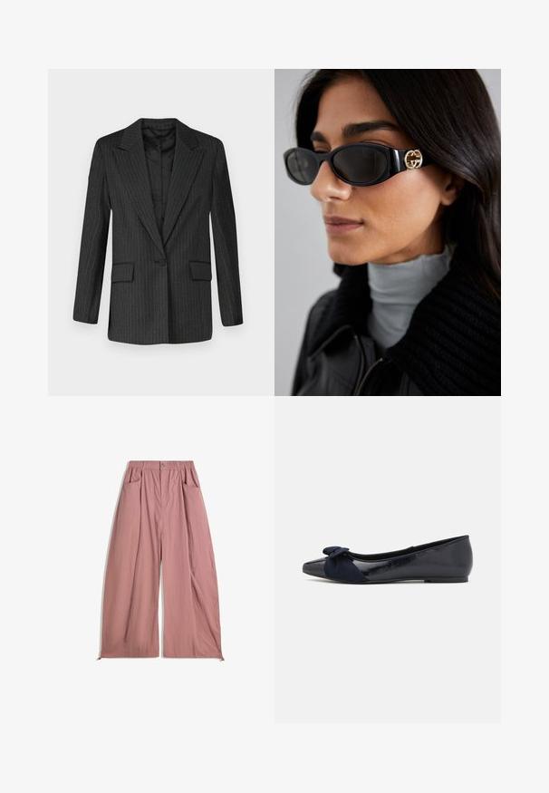 Schwarzer Blazer mit Nadelstreifen, Reverskragen, Einknopfverschluss, zwei vorderen Taschen und glattem Futter. Strukturierte Passform, maßgeschneiderte Gestaltung.; Weißes langärmeliges Rollkragenshirt aus einem glatten, dehnbaren Stoff. Hat eine enganliegende Passform und einen hohen Kragen. Keine sichtbaren Muster oder Akzente.; Locker sitzende, hochtaillierte Hose aus weichem rosa Stoff. Mit elastischem Bund, zwei seitlichen Taschen und einer glatten, strukturierten Oberfläche.; Marineblaue Ballettschuhe mit glänzendem Lackfinish und einem strukturierten Wildlederschleifen-Detail an der Zehe, ausgestattet mit einer abgerundeten Zehenpartie und flacher Sohle.; Schwarze Sonnenbrille mit einem schlanken rechteckigen Rahmen und einem goldenen Logo-Akzent an der Seite. Dunkle Gläser und glänzende Oberfläche sind auffällig.; Schwarze Schultertasche aus glattem Material, mit geschwungener Form, goldenem Reißverschluss und einem goldenen, geprägten Logo-Akzent auf der Vorderseite.