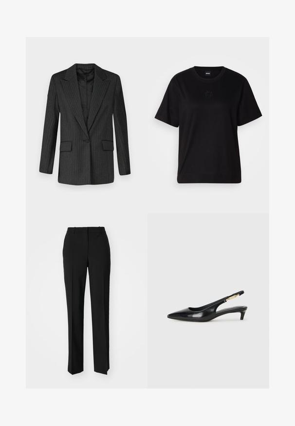 Blazer nero a righe con colletto a punta, chiusura a un bottone, due tasche frontali e foderato liscio. Vestibilità strutturata, design sartoriale.; Maglietta in cotone nera con scollatura tonda, maniche corte e logo ricamato sul petto. Design semplice e vestibilità rilassata senza motivi.; Pantaloni neri su misura con un design a gamba dritta, caratterizzati da una texture liscia e pieghe ben definite sul davanti. Senza hardware visibile.; Tacchi slingback in pelle nera con punta affusolata, caratterizzati da un tacco alto e un accento dorato sulla cinghia regolabile. Texture liscia.