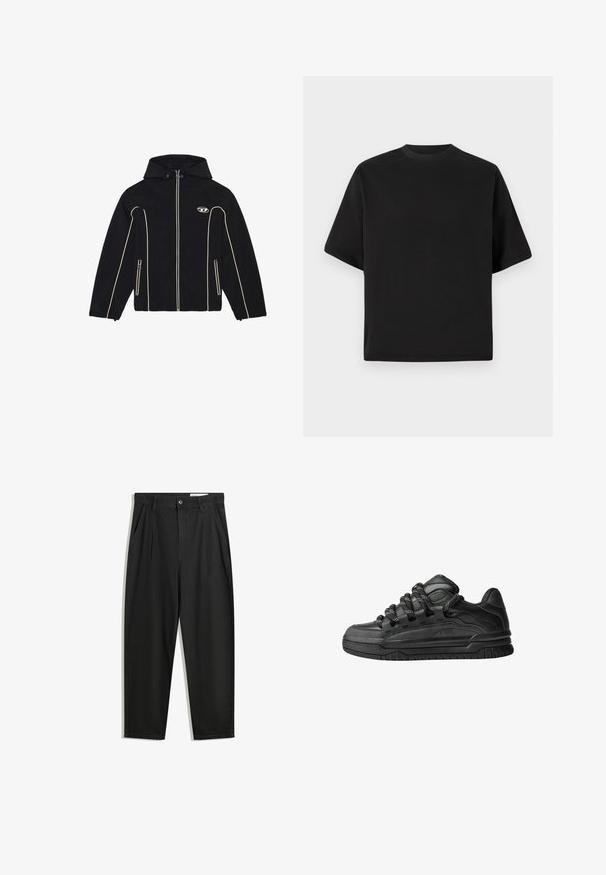 Černá bunda s kapucí, zdobená bílými akcenty a zipy, vyrobená z hladké tkaniny. Obsahuje logo na hrudi a dvě boční kapsy.; Černé tričko s krátkým rukávem v volném střihu, vyrobené z hladké bavlny, s kulatým výstřihem a minimalistickým designem.; Černé bavlněné kalhoty s uvolněným střihem, klasickým pasem, předními záhyby a bočními kapsami. Hladká textura bez vzorů.; Černé tenisky s hladkým koženým svrškem, texturovanými akcenty a kulatými černobílými tkaničkami. Silná gumová podrážka s vzorovaným dezénem.