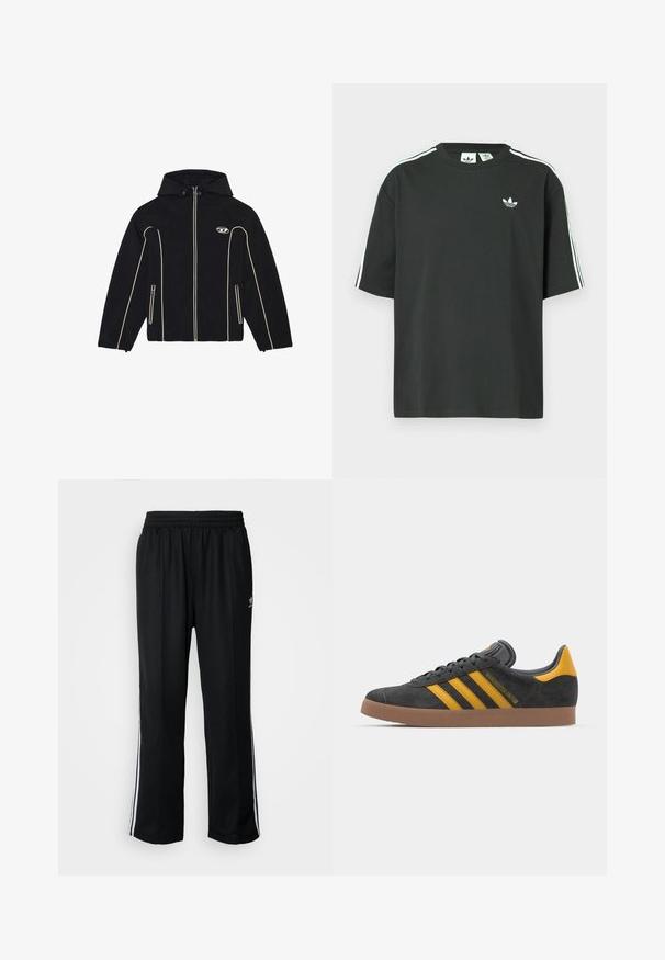 Črna jakna s kapuco, ki ima bele detajle in zadrge, izdelana iz gladkega materiala. Vključuje logo na prsih in dve stranski žep.; Črna bombažna majica s kratkimi rokavi, okroglim vratom in belo trikratno črtasto okrasitvijo na ramenih. Na prsih majhen beli logotip.; Črne atletske hlače z elastičnim pasom, ki imajo bele stranske črte in majhen logo. Material izgleda mehak in lahek.; Črne semiš tene z rumenimi akcenti, ki vsebujejo tri trakove in rjavo gumo podplat. Vključujejo oblazinjeno jezik za udobje.