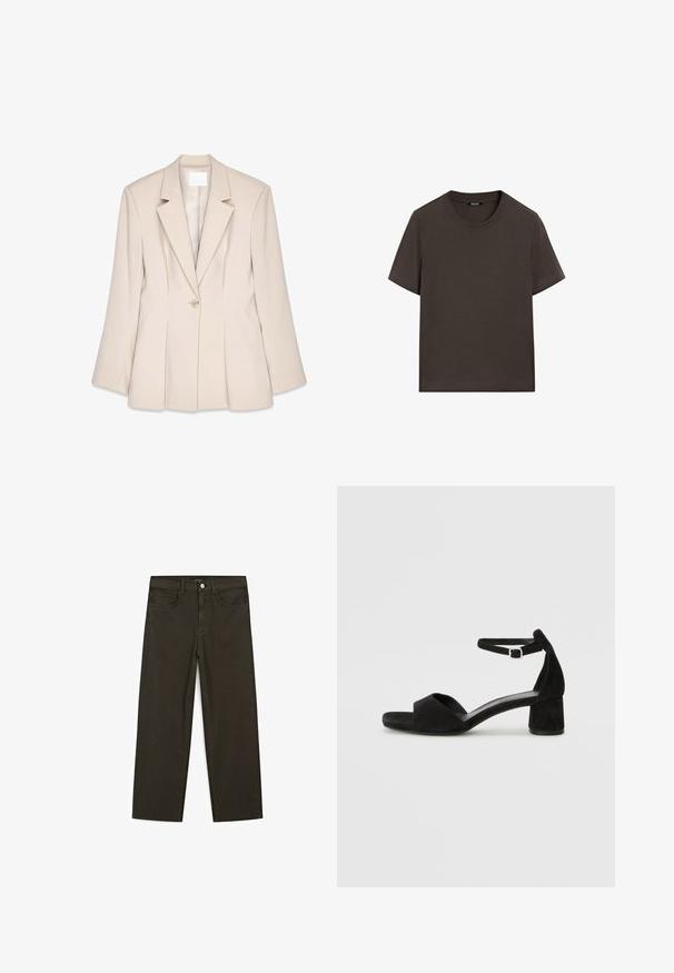Beige blazer met gestructureerde schouders, sluiting met één knoop en voorplooien. Gladde stof en een getailleerde pasvorm.; Donkerbruin T-shirt met korte mouwen, gemaakt van katoen. Heeft een ronde halslijn en een ontspannen pasvorm, zonder zichtbare patronen of accenten.; Donkergroene wijde jeans van een katoenmix, met een sluiting met een voorste knop, vijf zakken en klassieke denimstiksels.; Zwarte suede hakken met een dunne enkelband, open teen ontwerp en een bescheiden blokhak. Zachte textuur en minimale accenten.