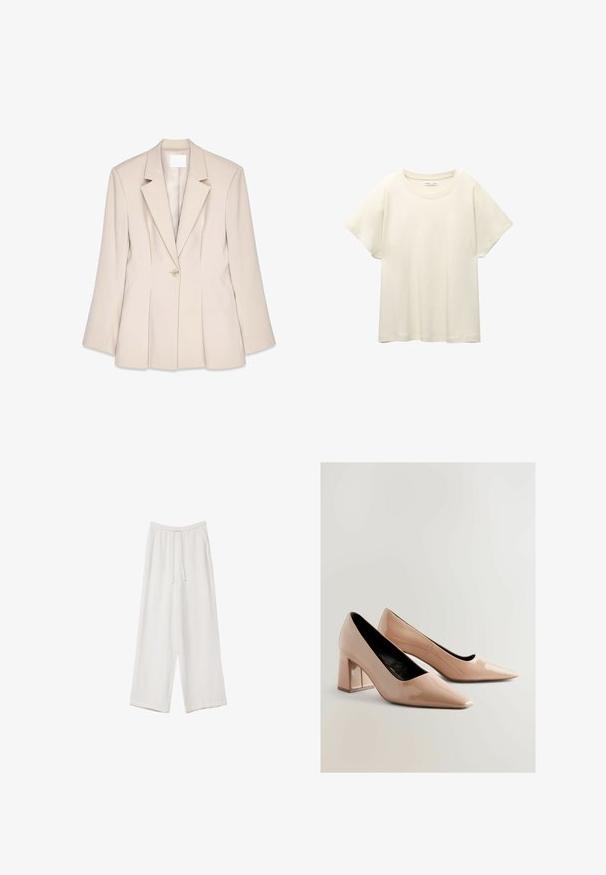 Beige bleiseri, jossa on jämäkät olkapäät, yksi nappisulku ja etupuolelle ommellut laskokset. Silkkinen kangas ja muotoiltu istuvuus.; Vaaleanbeige lyhythihainen t-paita, jossa on pyöreä kaula-aukko, valmistettu pehmeästä ja sileästä kankaasta. Ominaisuuksina rento mitta ja suora helma.; Valkoiset leveälahkeiset housut kevyestä kankaasta. Ominaisuuksiin kuuluu elastinen vyötärö, jossa on nauhakuuluma ja sivutaskut. Sileä rakenne.; Nude kiilakorkoiset pumput kiiltävästä patenttinahasta, teräväkärkiset ja kiiltäväpintaiset. Ominaisuuksiin kuuluu sileä pinta ja keskikorkea neliönmallinen korko.