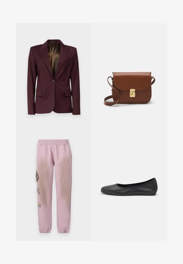 Filippa K SASHA COOL  - Bleizers - burgundy; Balta īsām piedurknēm T-krekls, izgatavots no ribota auduma. Apaļš izgriezums, regulāra piegriezuma un diskrēti šuvumu detaļas. Bez printiem vai grafikām.; Rozā sporta bikses ar elastīgu jostu, kurām labajā pusē ir dekoratīvi uzliktni dimanta formā un elastīgas apkakles pie potītēm.; Melna ādas baleta kurpe ar noapaļotu purngalu, gludu tekstūru, minimālu šuvju detalizāciju un elastīgu zoles dizainu.; Bordo ādas rokas soma ar atloku, zeltītām detaļām, plecu siksnu un gludu virsmu. Kompakta, taisnstūrveida forma.