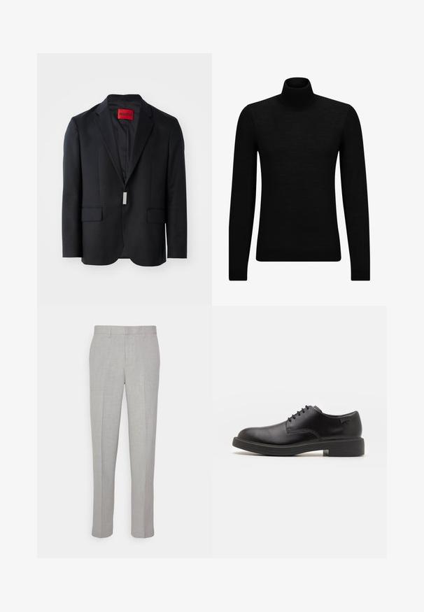 Czarna marynarka z klapami, dwoma przednimi kieszeniami i gładkim wnętrzem. Posiada czerwoną metkę z napisem "HUGO" wewnątrz. Dopasowany krój.; Czarny sweter z golfem wykonany z miękkiego materiału, z długimi rękawami i dopasowanym krojem. Żebrowane wykończenie na dolnym brzegu i mankietach. Prosty design.; Jasnoszare spodnie o gładkiej fakturze, z płaskim przodem i prostymi nogawkami. Wykonane z przewiewnej tkaniny, z wewnętrznymi kieszeniami i pętelkami na pasek.; Czarny skórzany but za kostkę z okrągłym noskiem, gładką fakturą, minimalnym przeszyciem i niskim gumowym obcasem. Logo na pięcie.