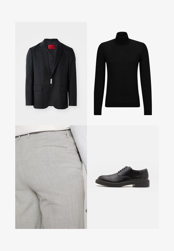Schwarzer Blazer mit Reverskragen, zwei vorderen Taschen und schlichtem Innenfutter. Enthält ein rotes Etikett mit "HUGO" innen. Maßgeschneiderte Passform.; Schwarzer Rollkragenpullover aus weichem Material mit langen Ärmeln und enger Passform. Rippbesatz am Saum und an den Bündchen. Einfaches Design.; Hellgraue, maßgeschneiderte Hose aus strukturiertem Stoff, mit einer einzelnen Gesäßtasche und sauberer Nahtführung.; Schwarzer Leder-Schnürschuh mit abgerundetem Zeh, glatter Textur, minimaler Naht und niedrigem Gummiabsatz. Logo auf der Ferse.
