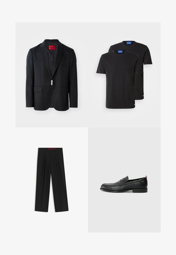 Schwarzer Blazer mit Reverskragen, zwei vorderen Taschen und schlichtem Innenfutter. Enthält ein rotes Etikett mit "HUGO" innen. Maßgeschneiderte Passform.; Zwei schwarze Baumwoll-T-Shirts mit Rundhals, kurzen Ärmeln und blauen "HUGO"-Labels an den Kragen und seitlichen Säumen.; Schwarze weit geschnittene Hosen mit flachem Bund, zwei seitlichen Taschen, gefaltetem Design und einem kontrastierenden roten Innenbund.; Schwarze Lederloafers mit einem strukturierten Vorderteil und glatten Seiten. Sie verfügen über einen schmalen Absatz und eine Schlaufe an der Rückseite für einfaches Anziehen. Klassisches Design.