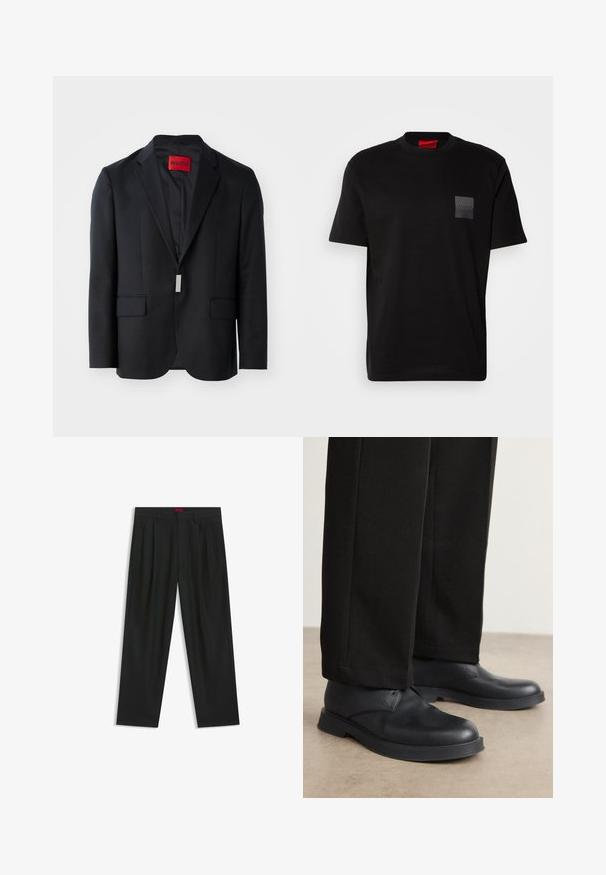 Sort blazer med klapkrave, to forlommer og en ensfarvet inderside. Har et rødt mærke med "HUGO" indeni. Skræddersyet design.; Sort bomulds T-shirt med rund hals, prydet med en struktureret sort lap med logo på venstre bryst. Korte ærmer og afslappet pasform.; Sorte bukser med plisseret design, bred benform og en glat tekstur. Har et rødt taljetag.; Sorte lædersko med rund tå, flad sål og minimal udsmykning. Sammen med skræddersyede sorte bukser, der viser en glat tekstur.