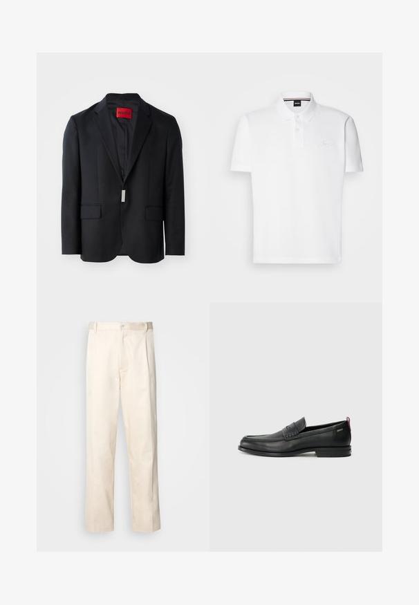 Sacou negru cu rever în formă de clapă, două buzunare frontale și un interior simplu. Poartă un eticheta roșie cu inscripția "HUGO" în interior. Design ajustat.; Polo alb dintr-un amestec de bumbac și polyester, având guler, placket cu două butoane și un logo brodat subtil pe piept.; Pantaloni din bumbac bej, cu croială dreaptă, dotati cu închidere cu nasture și pliuri în față pentru un plus de detaliu.; Loafers din piele neagră cu un panou frontal texturat și laterale netede. Dispune de un toc subțire și o buclă în spate pentru o purtare ușoară. Design clasic.