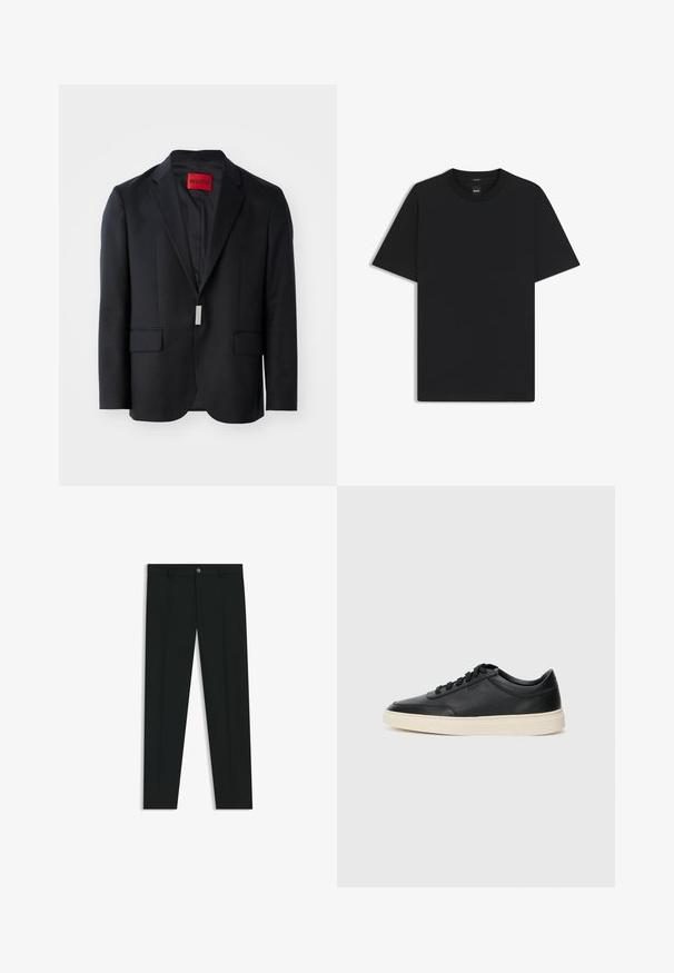 Blazer nero con rever a punta, due tasche frontali e interno semplice. Presenta un'etichetta rossa con "HUGO" all'interno. Design sartoriale.; Maglietta nera a maniche corte realizzata in un morbido misto cotone, con scollatura a girocollo e un design minimalista senza motivi o dettagli.; Pantaloni neri in tessuto lisci, con design a gamba dritta. Presentano una chiusura frontale con bottone e passanti per cintura. Senza fantasie.; Sneaker in pelle nera a basso profilo con lacci neri e suola avorio, mostrato di profilo su sfondo bianco.