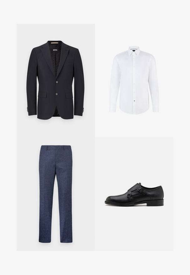 Námornícky modrý strihový blejzer z hladkej tkaniny, vybavený dvoma gombíkmi, manžetami na štyri gombíky a jedným vreckom na hrudi. Podšitý interiér s logom.; Biela dlhá košeľa s dlhým rukávom vyrobená z hladkej látky, s predným zapínaním na gombíky, špicatým golierom a zakriveným lemom. Výrazný gombík s logom značky.; Námornícke modré nohavice vyrobené z textúrovanej látky, s rovnými nohavicami, plochým predkom a dvoma bočnými vreckami. Žiadne viditeľné vzory ani akcenty.; Čierne kožené spoločenské topánky s dvojitými prackami, elegantným siluetou a okrúhlou špičkou. Majú nízky opätok a hladký povrch.