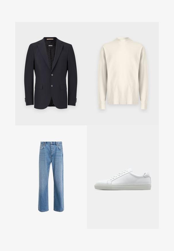 Mornarski plavi sako od glatkog materijala, s dva dugmeta, manžetama s četiri dugmeta i jednim džepom na prsima. Podstavljeni unutrašnjost s logotipom.; Duga rukava, majica s lažnim ovratnikom u svijetloj kremasto bijeloj boji od pamuka. Glatka tekstura, opušteni kroj, minimalistički dizajn, bez vidljivih uzoraka ili naglasaka.; Svijetloplave traperice s ravnim nogavicama, pet džepova, zatvaranjem na gumb, minimalnim izbljeđivanjem i kontrastnim šavovima.; Bijela tenisica s glatkim kožnim gornjim dijelom i niskim profilom. Ima zaobljen vrh, šest rupica za vezanje i teksturiranu gumenu podlogu.