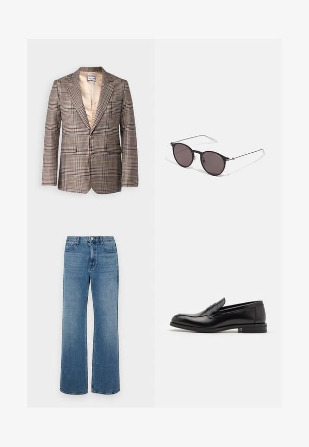 Blazer en vichy dans des teintes marron, beige et rouge. Doté d'un revers à cran, de deux poches avant et d'un intérieur doublé en satin.; Pull à col rond bleu marine en tissu doux, avec des manches longues et un ourlet côtelé. Pas de motifs ni d'ornements visibles.; Jean bleu à jambes larges en denim avec une finition délavée. Comprend cinq poches, une fermeture à bouton à l'avant et une coupe droite.; Mocassins en cuir noir avec une texture lisse, bout rond et une sangle décorative sur le dessus. Talon bas empilé, design minimaliste.; Lunettes de soleil noires rondes avec verres sombres et branches en métal fines. Comprend des embouts transparents et des accents argentés au niveau de la charnière. Design minimaliste.