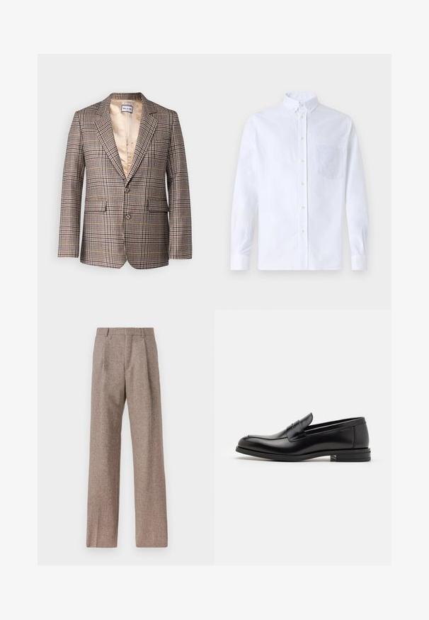 Kariertes Blazer in Brauntönen, Beige und Rot. Verfügt über einen Reverskragen, zwei Fronttaschen und ein satinfüttertes Innenfutter.; Weißes Langarm-Hemd mit Knöpfen aus Baumwolle, ausgestattet mit einer Brusttasche mit tonalem Stickerei, einem Kragen und Knopfmanschetten.; Braune, hochtaillierte Hose aus strukturiertem Stoff. Mit weitem Bein und zwei vorderen Bügelfalten für zusätzliche Form. Saubere Verarbeitung ohne sichtbare Hardware.; Schwarze Lederloafers mit glatter Textur, rundem Zehenbereich und einem dekorativen Riemen über dem Vorderfuß. Niedriger, gestapelter Absatz, minimalistisches Design.