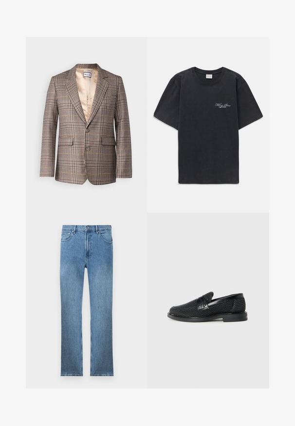 Geruite blazer in bruin, beige en rode tinten. Beschikt over een geknipt revers, twee voorkruiszakken en een satijnen voering aan de binnenkant.; Zwarte korte mouwen crew neck t-shirt met klein wit "Filling Pieces" tekstlogo op de linkerborst.; Lichtblauwe denim jeans met een rechte snit, vijf zakken, een ritsluiting en contrasterende stiksels. De stof heeft een gladde, gestructureerde afwerking.; Zwartegeweven instap schoenen met een glad leren accent aan de bovenkant, een ronde neusontwerp en een laag profiel rubberen zool.