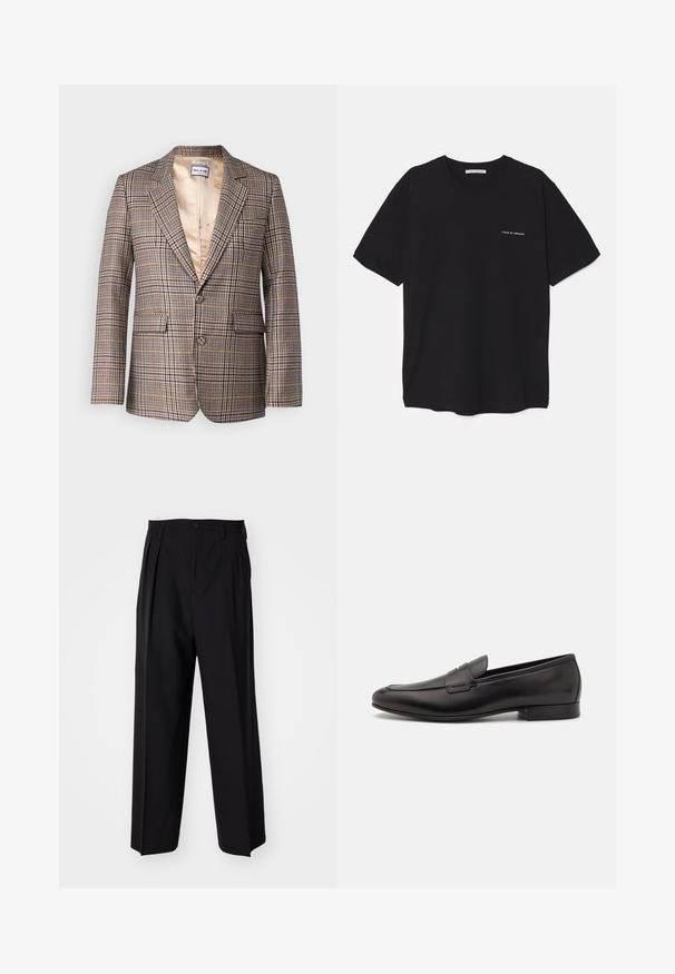 Kockás zakó barna, bézs és piros árnyalatokban. Ék alakú gallérral, két elülső zsebbel és selyem bélelt béléssel rendelkezik.; Fekete pamut T-shirt kerek nyakkivágással, rövid ujjakkal, és fehér logónyomattal a bal mellrészen. Egyszerű, egyszínű dizájn.; Fekete, pliszírozott nadrág, egyenes, széles lábakkal. Sima anyagból készült, gombos záródással és övhurkokkal rendelkezik.; Fekete bőr loaferek elegáns dizájnnal, kerek orral és alacsony, rétegelt sarokkal. Díszített varrással rendelkezik a felsőrészen.