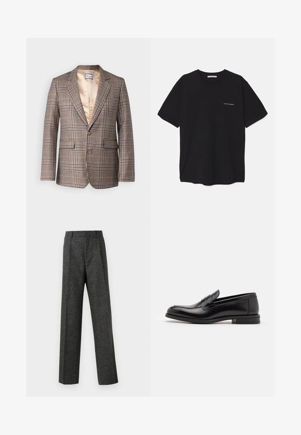 Plaid blazer in brown, beige, and red hues. Features a notched lapel, two front pockets, and a satin lined interior.; Black cotton T-shirt with a crew neck, short sleeves, and a white logo print on the left chest. Simple, solid color design.; Gray tailored trousers made of textured fabric, featuring two front pleats and a straight-leg design. No visible pockets or embellishments.; Black leather loafers with a smooth texture, rounded toe, and a decorative strap across the vamp. Low stacked heel, minimalist design.