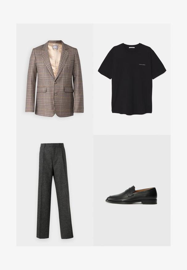 Blazer de cuadros en tonos marrón, beige y rojo. Presenta un cuello con muesca, dos bolsillos frontales y un interior forrado de satén.; Camiseta de algodón negra con cuello redondo, mangas cortas y un estampado de logo blanco en el lado izquierdo del pecho. Diseño simple y de color sólido.; Pantalones gris ajustados hechos de una tela texturizada, con dos pliegues frontales y un diseño de pierna recta. Sin bolsillos visibles ni adornos.; Mocasín de cuero negro con punta redonda, detalles de costura sutil y un tacón bajo, que presenta una textura suave y un diseño minimalista.