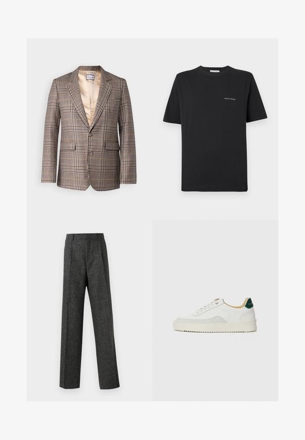 Blazer a quadri in tonalità marrone, beige e rosso. Presenta un colletto con rever, due tasche frontali e un interno foderato in raso.; T-shirt nera in cotone con scollatura tonda, maniche corte e un piccolo logo bianco "TIGER OF SWEDEN" sul petto. Vestibilità classica.; Pantaloni grigi su misura realizzati in tessuto strutturato, con due pieghe frontali e un design a gamba dritta. Nessuna tasca o decorazione visibile.; Sneaker bianco con accenti in camoscio, punta rotonda, lacci piatti e suola in gomma crema. Presenta un marchio verde sul tallone.
