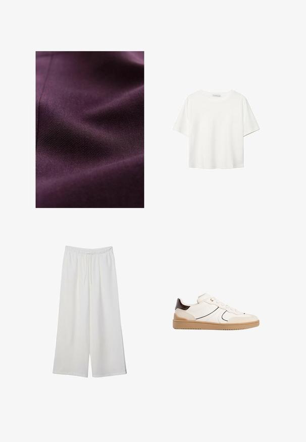 Głęboki fioletowy materiał o gładkiej fakturze, z subtelnymi wzorami tkanymi i delikatnym połyskiem, odbijającym światło w sposób łagodny.; Biała koszulka z krótkim rękawem, wykonana z bawełny. Posiada okrągły dekolt i luźny krój. Gładka faktura bez widocznych wzorów czy akcentów.; Białe szerokie spodnie wykonane z lekkiego materiału, z elastyczną talią i sznurkiem do regulacji fasonu. Gładka tekstura.; Stradivarius - Sneakersy niskie