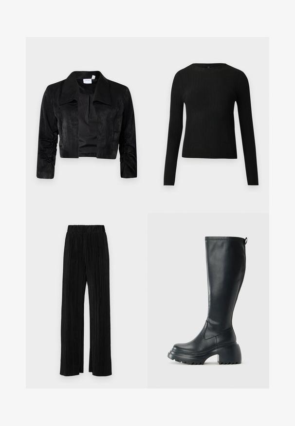 Černá zkrácená bunda vyrobená z měkké látky, s velkým límcem, dlouhými rukávy se shromážděnými detaily a bezknoflíkovým předním zapínáním.; Černý žebrovaný dlouhý rukáv těsně padnoucí svetr s kulatým výstřihem, vystavený na jednoduchém světlém pozadí.; Černé plisované kalhoty s elastickým pasem. Mají široké nohavice a hladkou, strukturovanou tkaninu s vertikálními pruhy.; Vysoká černá kožená bota s masivní platformou a blokovým podpatkem, s poutkem a texturovaným vzorkem na podrážce.