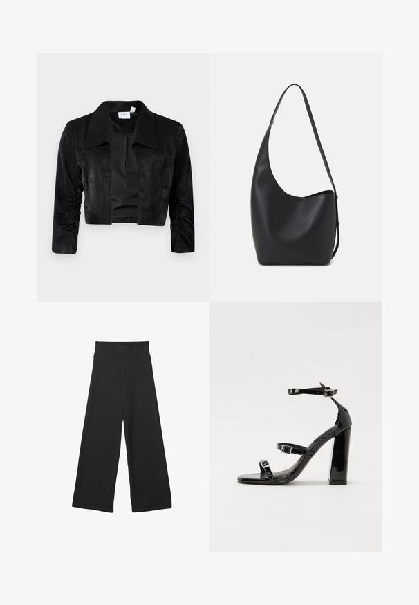 Crna skraćena jakna napravljena od mekog materijala, s velikim ovratnikom, dugim rukavima s nabranim detaljima i prednjim zatvaranjem bez dugmadi.; Crni dugi rukav uski crop top s okruglim izrezom, jednostavnog dizajna i blago zakrivljenim rubom.; Crne široke hlače s visokim elastičnim pojasom, mekanim materijalom i slobodnim krojem, pogodne za ležerno nošenje ili opuštene prostore.; Crne lakirane sandale na pete sa kvadratnim nosom, trakama oko gležnja i srebrnim kopčama. Imaju čvrst blok petu za stabilnost.; Crna kožna hobo torba s glatkom teksturom, zakrivljenim oblikom i jednom podesivom trakicom; ima širok otvor na vrhu.