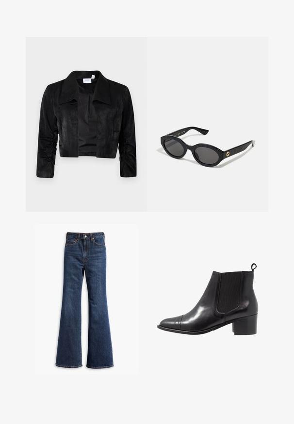 Musta lyhyt takki, joka on valmistettu pehmeästä kankaasta. Takissa on suuri kaulus, pitkät hihat, joissa on kerrostettuja yksityiskohtia, sekä napitonta etulukkoa.; Leopardikuvioinen pitkähihainen paita, jossa on korkea kaula, valmistettu joustavasta kankaasta. Hihnassa on vaalea pohja ruskeilla pilkuilla. Sileä rakenne, tiukka malli.; Korkeavyötäröiset tummansiniset farkut, joissa on leveät lahkeet, etuvetoketju ja napin sulkeminen sekä viisi taskua.; Mustat nahka nilkkurit, joissa on joustavat sivupaneelit, pyöreä kärki ja teksturoitu tukijalka. Varressa on silmukka, joka helpottaa käyttöä.; Mustat soikeat aurinkolasit tummilla linsseillä ja kiiltävästä muovista valmistetulla kehällä. Varustettu kullanvärisellä logolla temppeleissä, tarjoten tyylikkään ja modernin muotoilun.; Sininen kuviollinen käsilaukku, joka on valmistettu kankaasta, ja siinä on kaareva muoto, musta nahkakahva sekä logo suunnittelu vaaleammassa sävyssä.