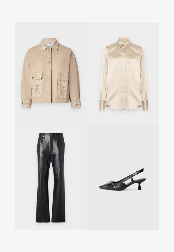 Giacca beige con colletto e ricami floreali. La parte anteriore presenta due ampie tasche, bottoni dorati e cuciture decorative sulle maniche.; Camicia in satin beige con colletto a punta, maniche lunghe, chiusura con bottoni e polsini con una finitura leggermente più lucida. Senza motivi né accenti.; Pantaloni in pelle nera con una texture liscia, design a gamba svasata, zip frontale e passanti per cintura. Presentano accenti di cuciture sottili.; Scarpa slingback nera in pelle con punta affusolata, cinturini decorativi con occhielli metallici e tacco basso a blocco. Superficie testurizzata.