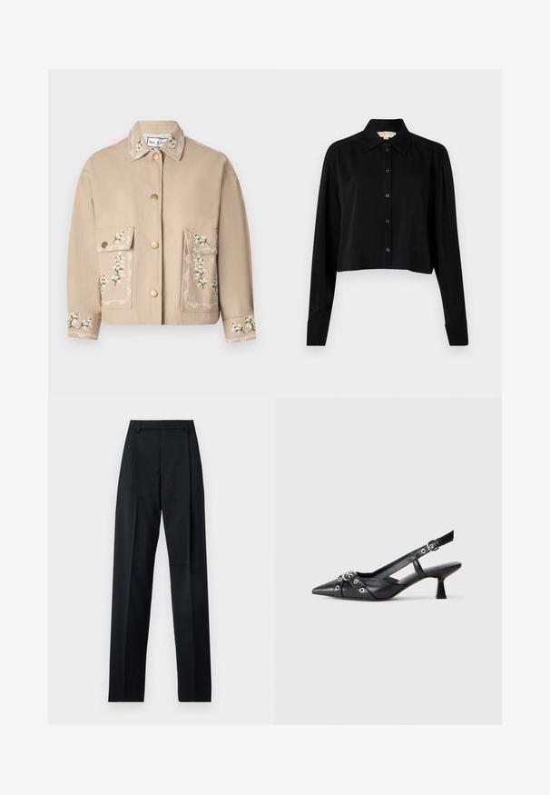Beige Jacke mit Kragen und floralen Stickereien. Die Vorderseite hat zwei große Taschen, goldene Knöpfe und eine dekorative Naht an den Ärmeln.; Schwarzes, kurzes Hemd mit langen Ärmeln, einem spitzen Kragen und Knopfverschluss. Hergestellt aus glattem Stoff mit lockerer Passform und geknöpften Ärmeln.; Schwarze Hosen aus glattem Stoff mit hoher Taille, weitem Bein, vorderen Falten und klassischen Gürtelschlaufen. Keine sichtbaren Seitentaschen.; Schwarzer Leder-Slingback-Schuh mit spitz zulaufender Zehenpartie, dekorativen Riemen mit METALLÖSEN und niedrigem Blockabsatz. Strukturelle Oberfläche.