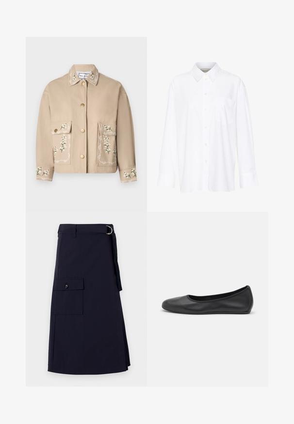 Beige jas met een kraag en bloemenborduursel. Aan de voorkant bevinden zich twee grote zakken, gouden knopen en decoratieve stiksels op de mouwen.; Witte lange mouwen overhemd met kraag van katoen. Voorzien van een knoopsluiting aan de voorkant en een enkele borstzak. Een gladde textuur en een ontspannen pasvorm.; Navyblauwe rok met een gestructureerd ontwerp, voorzien van een zijvak en een metalen D-ring als accent. Gemaakt van duurzaam materiaal.; Zwarte leren ballerina met een ronde neus, gladde textuur, minimale stikdetails en een flexibele zoolontwerp.