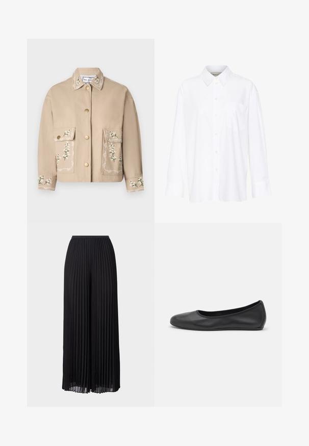 Beige jacket with a collar featuring floral embroidery. Front has two large pockets, gold buttons, and decorative stitching on sleeves.; White long-sleeve collared shirt made of cotton. Features a button-down front and a single chest pocket. Smooth texture, relaxed fit.; Black pleated wide-leg trousers with an elastic waistband. Made of lightweight fabric, featuring vertical folds throughout.; Black leather ballet flat with a rounded toe, smooth texture, minimal stitching detail, and a flexible sole design.