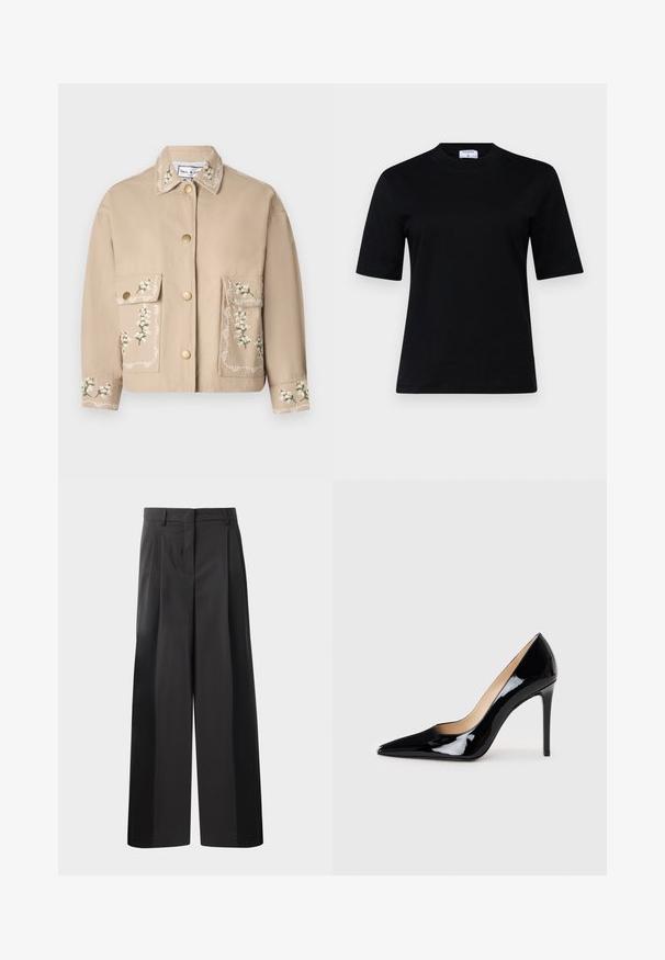 Beige jakke med krave, der har blomsterbroderi. Forsiden har to store lommer, guldknapper og dekorativ syning på ærmerne.; Sort t-shirt med korte ærmer lavet af blødt materiale, med rund halsudskæring og lige snit; har et minimalistisk design uden synlige mønstre.; Sort brede bukser med høj talje, med folder foran, en glat tekstur og en skræddermæssig finish. Designet til en afslappet pasform.; Sorte lakerede højhælede sko med en spids tå-design og en strømlinet silhuet. Har en glat, skinnende finish og en slank stiletto-hæl.