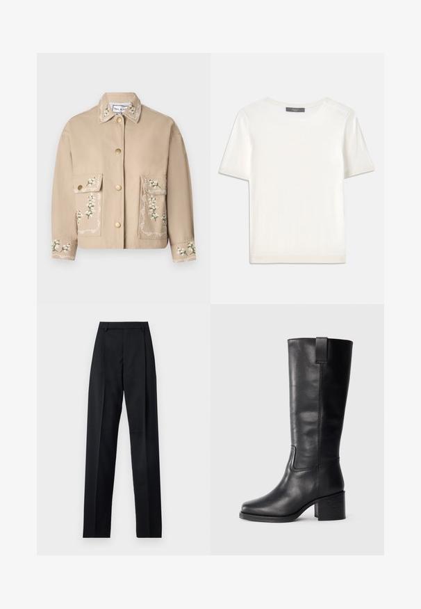 Beige jacket with a collar featuring floral embroidery. Front has two large pockets, gold buttons, and decorative stitching on sleeves.; White short-sleeve knit top with a round neckline, featuring a smooth texture and subtle ribbed accents at sleeves and hem.; Black trousers made from smooth fabric featuring a high waist, wide legs, front pleats, and classic belt loops. No side pockets visible.; Black leather knee-high boots with a smooth texture, square toe, block heel, and side pull tab, featuring minimal stitching details.