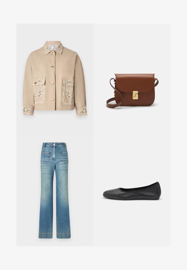 Beige jas met een kraag en bloemenborduursel. Aan de voorkant bevinden zich twee grote zakken, gouden knopen en decoratieve stiksels op de mouwen.; Witte korte mouwen t-shirt van ribstof. Ronde halslijn, normale pasvorm en subtiele stiksels. Geen patronen of grafische elementen.; Lichtblauwe spijkerbroek met flared model, vijf zakken, riemlussen, knoopsluiting en een licht vervaagd textuur, met een rode logo-detail op de achterkant.; Zwarte leren ballerina met een ronde neus, gladde textuur, minimale stikdetails en een flexibele zoolontwerp.; Bruine leren handtas met een klep sluiting, gouden hardware, een schouderband en een gladde textuur. Compact rechthoekige vorm.