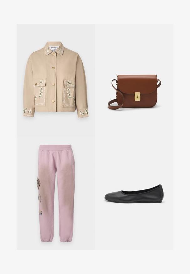Giacca beige con colletto e ricami floreali. La parte anteriore presenta due ampie tasche, bottoni dorati e cuciture decorative sulle maniche.; T-shirt bianca a maniche corte realizzata in tessuto a costine. Collo rotondo, vestibilità regolare e dettagli di cucitura sottili. Senza motivi o grafiche.; Pantaloni della tuta rosa con vita elastica, caratterizzati da toppe decorative a forma di diamante sul lato sinistro e polsini elastici alle caviglie.; Pantofole da balletto nere in pelle con punta arrotondata, texture liscia, dettagli di cucitura minimi e design con suola flessibile.; Borsa a tracolla in pelle marrone con chiusura a pattina, hardware color oro, tracolla e una finitura liscia. Forma rettangolare compatta.