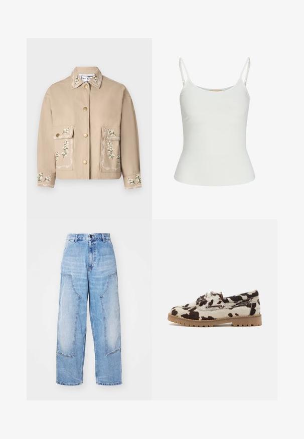 Beige jakke med krave, der har blomsterbroderi. Forsiden har to store lommer, guldknapper og dekorativ syning på ærmerne.; Hvid ærmeløs top med justerbare stropper, tætsiddende design, glat stofstruktur og rund halsudskæring. Ingen mønstre eller hardware detaljer.; Lysblå denim bredbenede bukser med to store forlommer, en knaplukning og subtil falming. Syninger på lommedetaljerne.; Sko i cowhide-mønster med en cremet bund og mørkebrune pletter, fremstillet med en gummisål og snørelukning.
