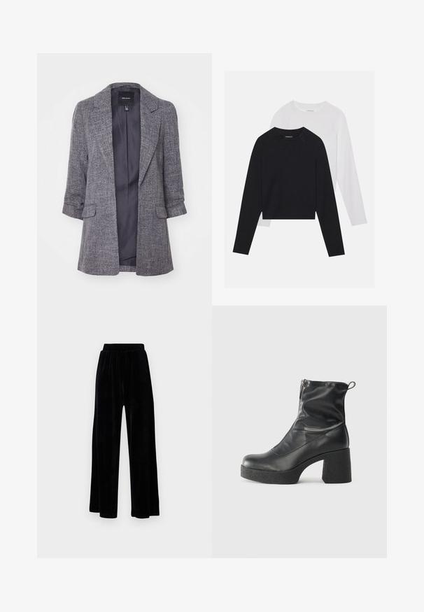 Blazer grigio in tessuto texturizzato, con rever a patta e due tasche frontali. L'interno è foderato di un colore scuro uniforme.; Due camicie a maniche lunghe: una nera e una bianca. Entrambe presentano un col a girocollo, maniche raglan e un morbido tessuto in misto cotone.; Pantaloni neri a gamba larga realizzati in morbido velluto, dotati di una cintura elastica e una superficie liscia, senza dettagli o motivi visibili.; Stivali neri alla caviglia in pelle liscia, con zip laterale, tacco spesso e texture, e punta arrotondata.