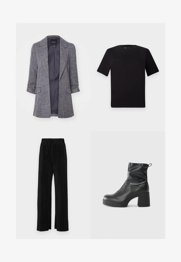 Grey blazer with a textured fabric, notched lapels, and two front pockets. The interior is lined in a solid dark color.; Black short-sleeve t-shirt with a round neckline, crafted from soft cotton fabric. Simple design, no visible logos or patterns.; Black pleated trousers with an elastic waistband. Features wide legs and a smooth, textured fabric with vertical stripes.; Black ankle boots made of smooth leather, featuring a side zipper, chunky textured heel, and rounded toe design.