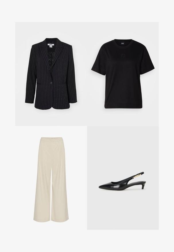 Melnā svītrainā žakete ar vienu pogu, izgrieztām atloks un struktūrētu audumu ar niansētiem mirdzuma akcentiem.; Melna kokvilnas T-krekls ar apaļu izgriezumu, īsām piedurknēm un izšūtu logotipu uz krūtīm. Vienkāršs, brīvs piegriezums bez rakstiem.; Platas kājas bikses no gaiši bežā auduma, ar kaliem, augstu jostasvietu un gludu tekstūru bez redzamām rotājumiem.; Melnas ādas slingback zābaki ar smailu purngalu, ar šauru papēdi un zelta krāsas akcentu uz regulējama siksniņas. Gluda tekstūra.