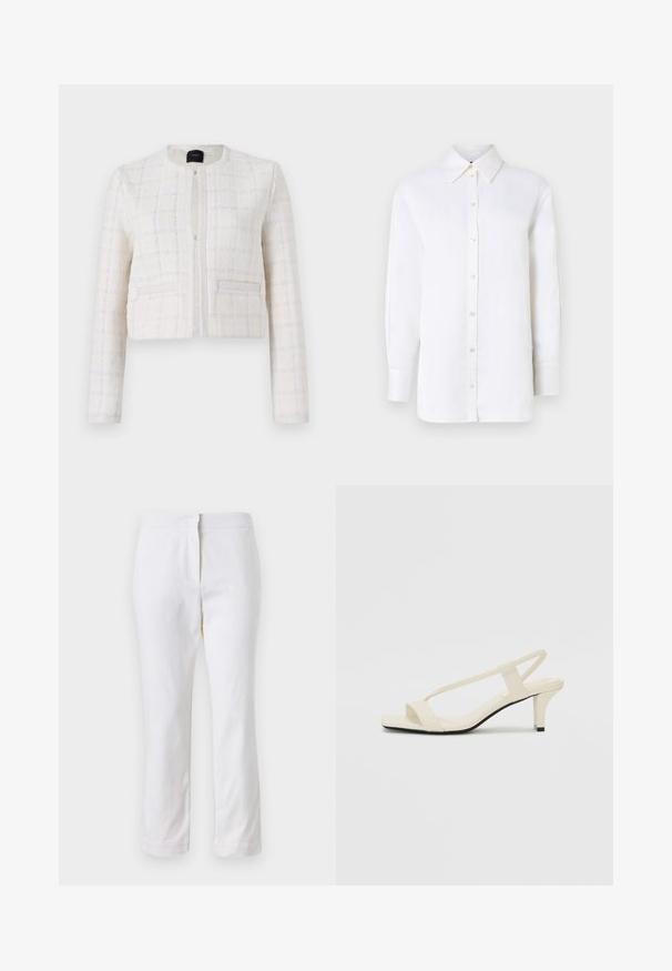 Balta tekstūruota trumpa striukė su tinklo raštu, apvaliu kaklu, dviem priekinėmis kišenėmis ir paslėptu užtrauktuku.; Balta lininė marškinė su įstrižine apykakle, ilgomis rankovėmis ir mygtukų uždarymu. Turi laisvą siluetą ir glotnią tekstūrą.; Balti medvilniniai kelnių su tiesiu kojų dizainu, turintys vidutinį liemenį ir be matomų detalių ar raštų. Lygi tekstūra visame paviršiuje.; Kreminės blokų kulno šlepetės su plonomis dirželiais ir kvadratiniu pirštu. Lygus medžiaga su minimaliais akcentais, sukurtos lengvam dėvėjimui.