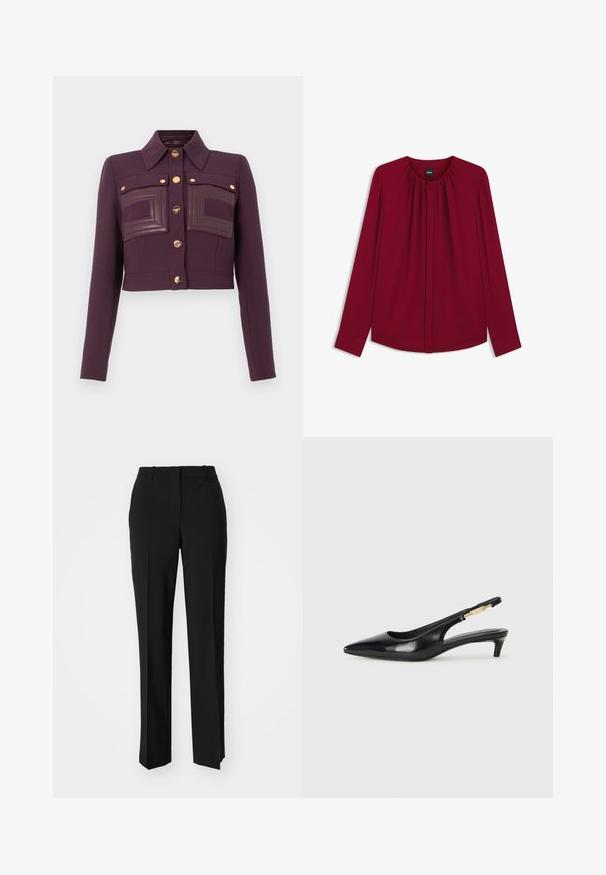 Jachetă scurtă de culoare mov închis, cu mâneci lungi, deschidere cu nasturi, guler ascuțit și două buzunare pe piept cu detalii din piele.; Bluză burgundă cu mâneci lungi, guler rotund, față pliată și închidere cu nasturi. Fabricată dintr-un material neted, cu o siluetă lejeră.; Pantaloni negri tailor-ed cu un design drept, având o textură fină și cute clare pe față. Fără elemente de prindere vizibile.; Sandale slingback din piele neagră cu vârf ascuțit, având un toc subțire și un accent de culoare aurie pe curea ajustabilă. Textură netedă.