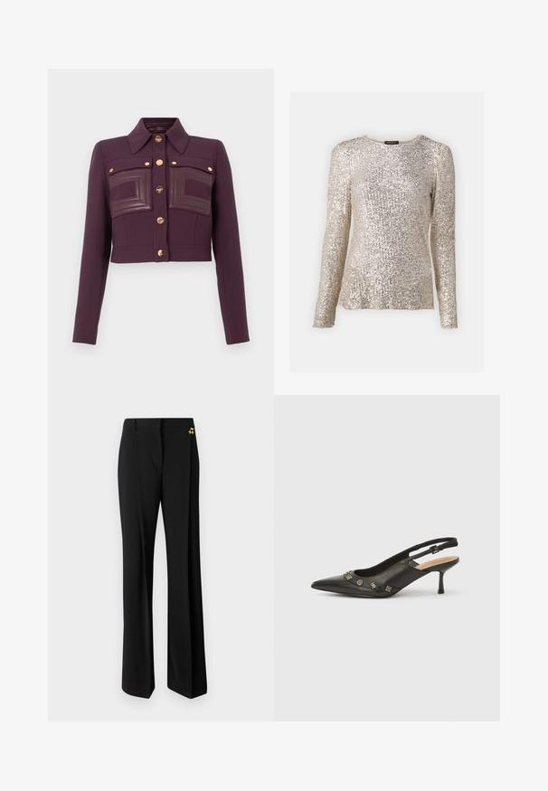 Zkrácená tmavě fialová bunda s dlouhými rukávy, zapínáním na knoflíky, špičatým límcem a dvěma náprsními kapsami s koženými detaily.; Halenka s dlouhými rukávy v barvě šampaňského, pokrytá flitry s ribbed texturou. Má kulatý výstřih a přiléhavý střih.; Černé kalhoty s širokými nohavicemi, které mají hladkou tkaninu, zakázkový střih a zlaté kovové detaily na pásku.; Černá kožená lodička se zadním páskem, špičatou špičkou, nízkým podpatkem a dekorativními kovovými detaily podél předního otevření. Hladký povrch.