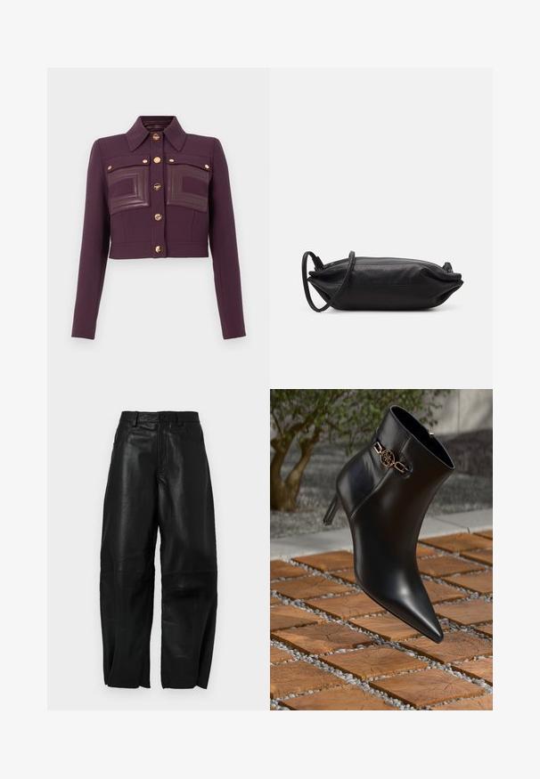 Lyhennetty tumma violetti takki pitkillä hihoilla, nappisuljenta, terävä kauluskanta ja kaksi rintataskua, joissa on nahkapaikat.; Musta satiinihihaton paita, jossa on syvä pääntie, ohuet hihnat ja sileä, kiiltävä pinta. Yksinkertainen, klassinen muotoilu ilman koristeluita.; Mustat nahkahousut, joissa on löysä istuvuus, suora lahje, etutaskut ja näkyvät ompeluyksityiskohdat.; Mustat nahkaiset nilkkasaappaat, joissa on teräväkärkinen muoto ja pieni korko. Nilkassa on kullanvärinen ketjuyksityiskohta. Saappaat ovat tekstuurilla varustetun kivipinnan ympäröimiä.; Musta nahkainen kukkaro, jossa on suorakaiteen muoto, sileä pinta, ohut olkahihna ja minimalistinen muotoilu.