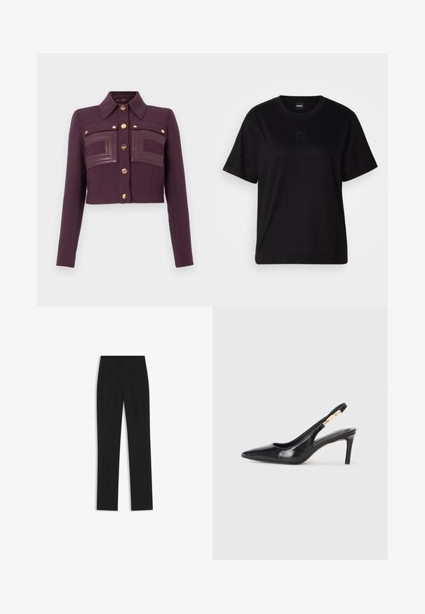 Avskuren mörklila jacka med långa ärmar, knapplist framtill, spetsig krage och två bröstfickor med läderdetaljer.; Svart bomullströja med rund halsringning, korta ärmar och en broderad logotyp på bröstet. Enkel, avslappnad passform utan mönster.; Svarta skräddarsydda byxor med rak bendesign, som har framfickor och ett slätt, strukturerat tyg. Prydlig, minimal detaljer.; Svart läder slingback högklackad sko med spetsig tå, slät yta och en smal vristrem med detaljer i guld.