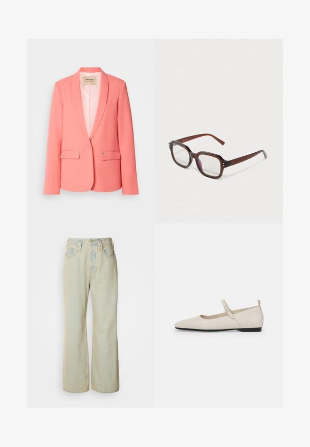 Koralo rausvas džemperis su iškirptu apykakle, dviem priekinėmis kišenėmis, vienu mygtuko užsegimu ir lygia tekstūra. Išklota vidaus dalis su matomu prekės ženklu.; Balta rifliuota marškinėliai be rankovių, su apykaklės iškirpte ir tiesia apačia, šone su mažyte prekės ženklo etikete.; Šviesiai mėlynos plataus kirpimo džinsai, pagaminti iš džinsinio audinio, su aukštu liemeniu, penkiomis kišenėmis ir subtiliu blukimu su kontrastingomis siūlėmis.; Balti odiniai Mary Jane batai su smailiu priekiu, šoniniu užsegimu ir žemu juodu kulniuku. Sklandus paviršius ir minimalistinis dizainas.; Rudos permatomus rectangularus akinius su skaidriais lęšiais, šiek tiek purpurinio atspindžio ir mažais auksiniais dekoratyviniais taškais prie priekinio kampo.; Sidabrinė lankinė auskarai su poliruotu paviršiumi, turintys mažus auksinius akcentus ir apvalią formą, dėvimi ant ausies kaušelio.