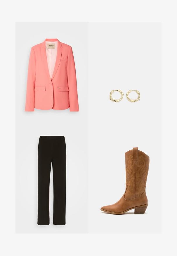 Korallipunainen bleiseri, jossa on viilto-lapeli, kaksi etutaskua, yksittäinen nappikiinnitys ja sileä pinta. Vuorattu sisäosa, jossa brändilogo näkyvillä.; Pitkähihaista T-paitaa, joka on muotoiltu istuvaksi ja valmistettu pehmeästä puuvillasta. Ominaisuuksiin kuuluu vaakasuorat vaaleanpunaiset ja valkoiset raidat sekä leveä kaula-aukko.; Mustat, suorat housut, jotka on valmistettu kudotusta kankaasta. Housuissa on litteä etuosa, kaksi sivutaskua ja sileä pinta. Ei näkyviä kuvioita tai yksityiskohtia.; Ruskean nahkainen cowboy-saapas, jossa on terävä kärki, brodeeratut pyörteiset kuviot varressa ja kerroslohko korko. Varustettu nostonipulla helpottamaan pukemista.; Kultaiset renkaat, joissa on teksturoitu, epäsäännöllinen muoto. Varustettu saumattomalla suljinnalla ja kiillotetulla pinnalla, mikä korostaa modernia muotoilua.